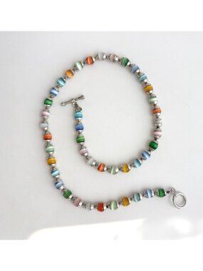 Rainbow Colored Cat's Eye Gemstone Beaded Vintage Sterling Silver 925 Necklace
